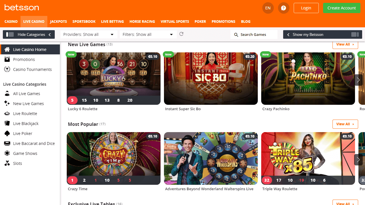 Live casino Betsson screenshot