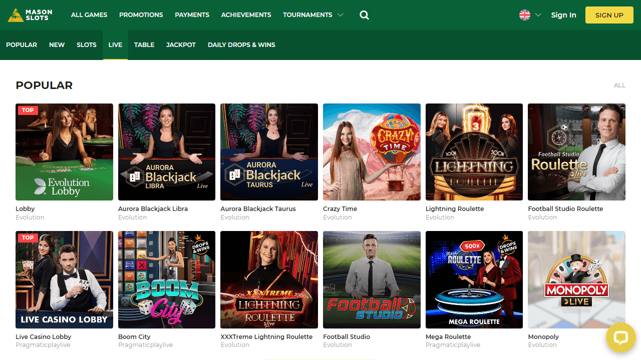 Mason Slots live casino screenshot