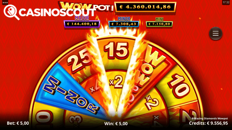 9 Blazing Diamonds WOWpot! Gratis Spins