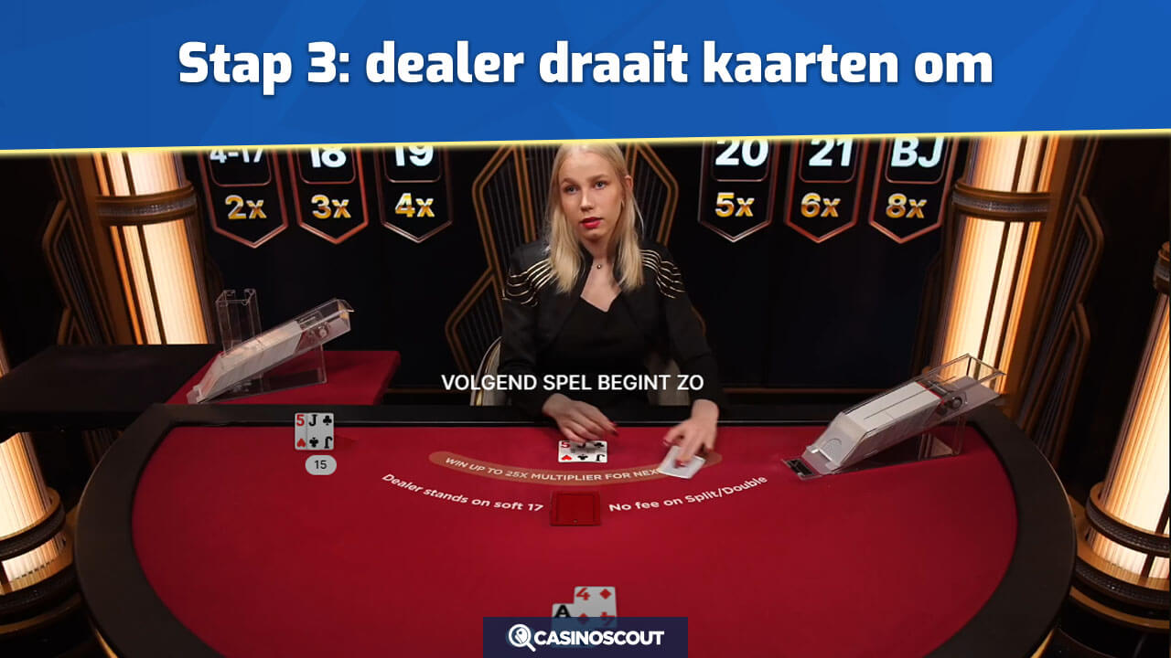 Dealer draait zijn hand om en de uitkomst wordt bekend