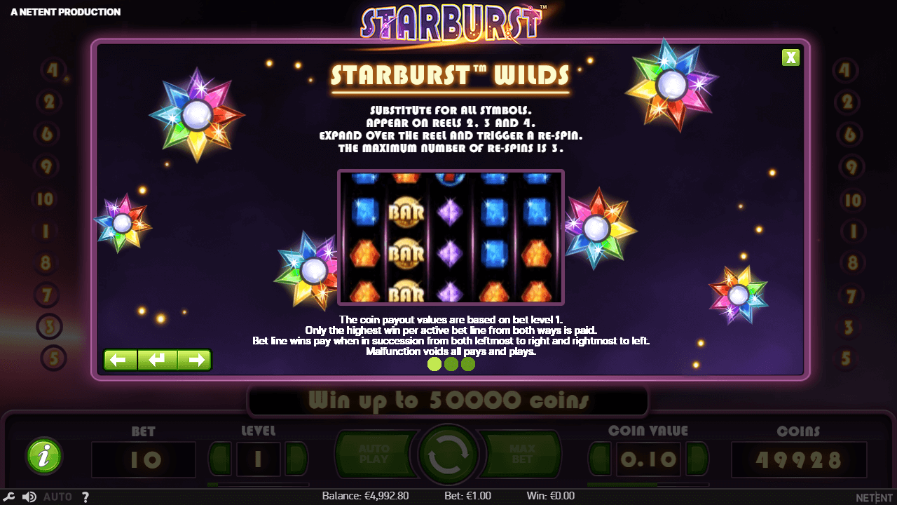 Screenshot van de regels van de Starburst gokkast