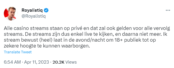 Twitter bericht van de influencer waarin voorwaarden worden vermeld voor de livestream