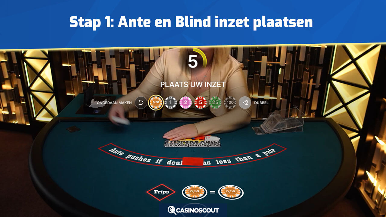 Ante en Blind inzet plaatsen bij Ultimate Texas Hold'em