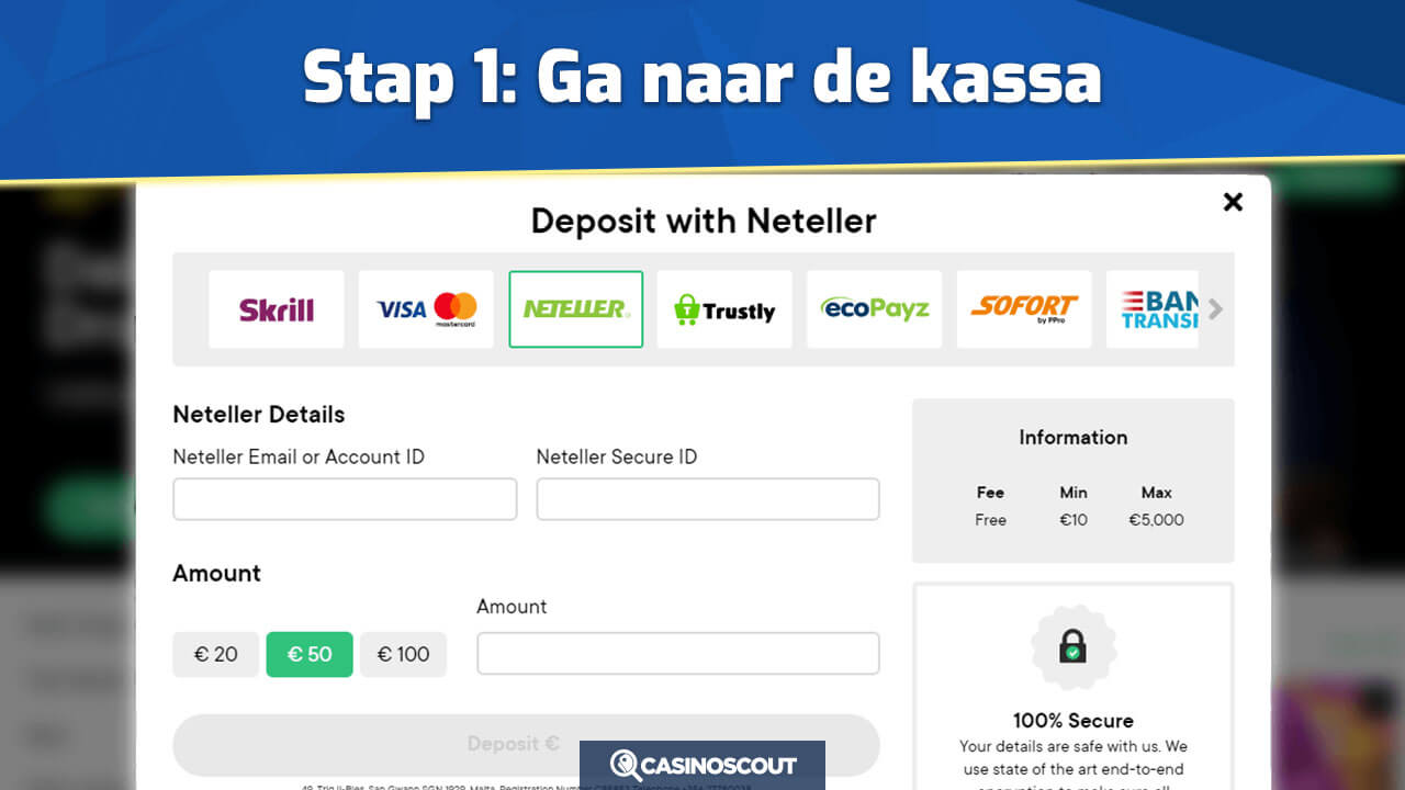 Neteller betaalmethode selecteren in een casino