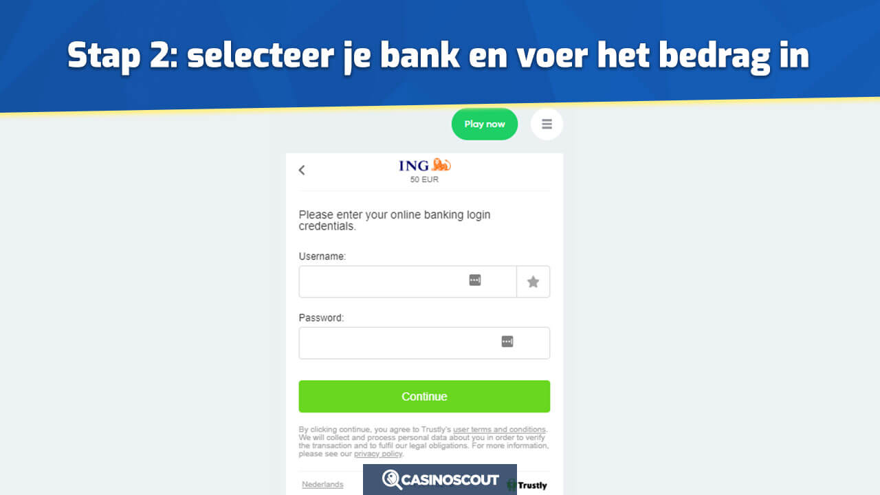 Bank kiezen en bedrag invoeren met Trustly