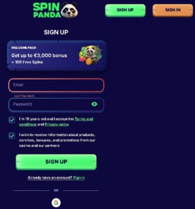 Registreren met e-mailadres SpinPanda Casino